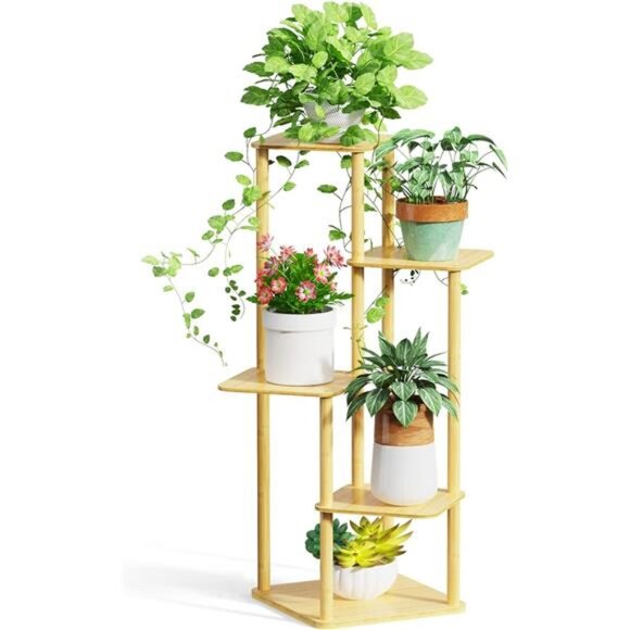 Plant Stand Indoor, 5 Tier Tall Plant Shelf Plant Holders, Bamboo Plant Stands - Picture 1 of 7